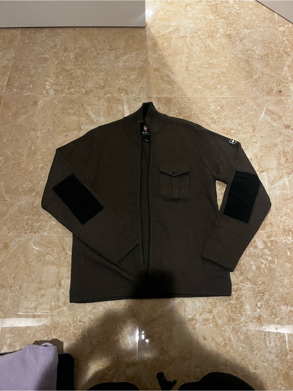 Victorinox Olive Green Military-Style Zip Knit Jacket with Black Elbow Patch (L)